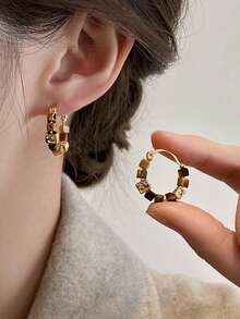 1 对复古优雅高端独特棕色方形虎眼串珠设计时尚百搭环形耳环，适合女性日常、通勤、节日、派对