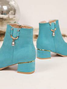 Fall/Winter Simple Style Mid-Heel Thick Heel Pink Suede Women Ankle Boots With Rhinestone Pendant Side Zipper Design, Fashionable & Elegant - Baby Blue - View 8