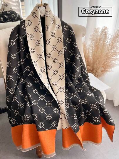 1件装女士秋冬提花仿羊绒时尚多功能空调披肩围巾，厚实保暖，适合日常搭配连衣裙