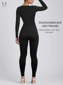 Bộ liền thân dài tay cổ vuông màu đen UMII dành cho nữ, ôm sát, co giãn, có khóa kéo phía sau, thích hợp cho các buổi tiệc và hẹn hò. - màu đen - Xem 4
