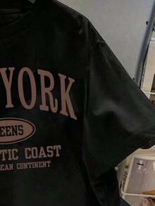 Plus Size Casual Simple New York English Graphic Crew Neck Short Sleeve Loose Fit T-Shirt For Women, Summer100 Comfortable Cotton - 黑色 - 查看 4