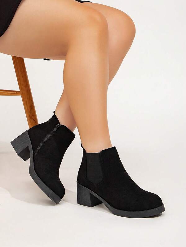 Plus Size Women's Side Zipper Black Casual High Heel Thick Sole Chelsea Boots