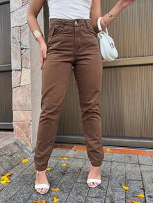 Mon Jeans Pants Without Lycra Women's High Waist Pants Feminine Fashion - 棕色 - 查看 1