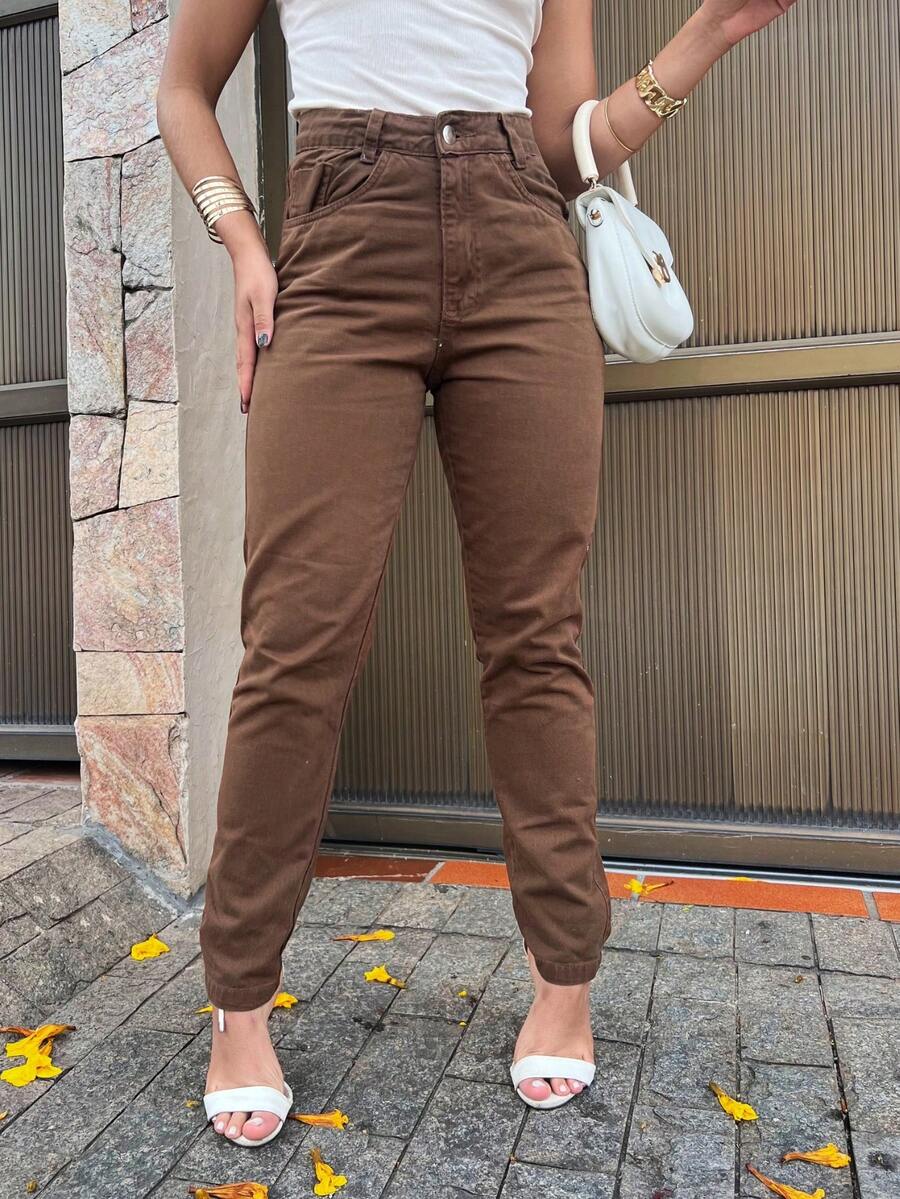 Mon Jeans Pants Without Lycra Women's High Waist Pants Feminine Fashion - 棕色 - 查看 1