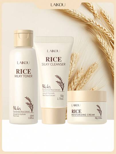  3pcs Moisturizing LAIKOU Rice Skincare Set, Hydrating Toner & Smoothing Facial Cream & Non Irritating Face Wash Firming Skin Care Set Gift For Mom Facial Care SPA