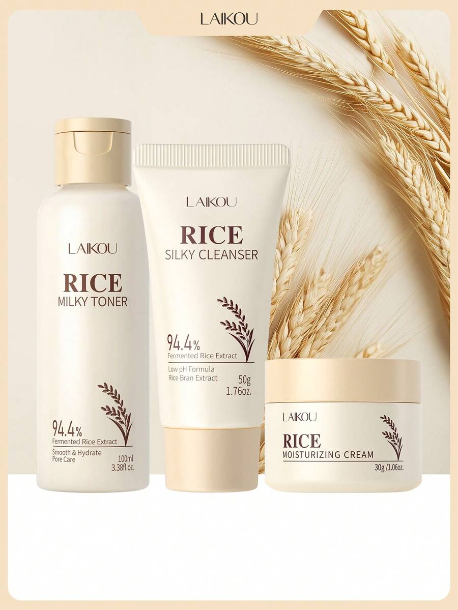 LAIKOU 来口三件套保湿大米护肤套装，包含保湿爽肤水、柔滑面霜和温和洁面乳，紧致肌肤，送给妈妈的绝佳礼物，面部护理SPA