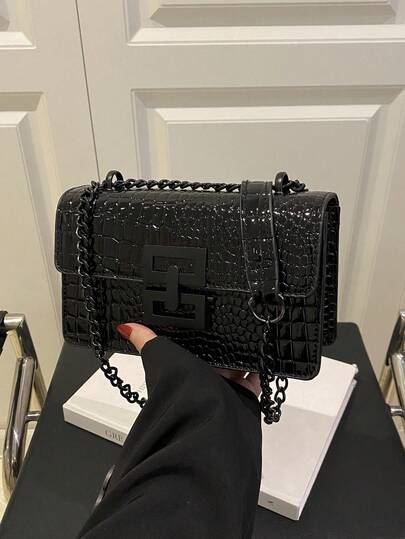 A Mini Fashion Women's Retro Shoulder Bag, Metal Chain Lightweight Crossbody Bag PU, Casual Lock Square Bag, Alligator Bag, Young Girl Shopping Bag, Suitable For Women's Daily Commute