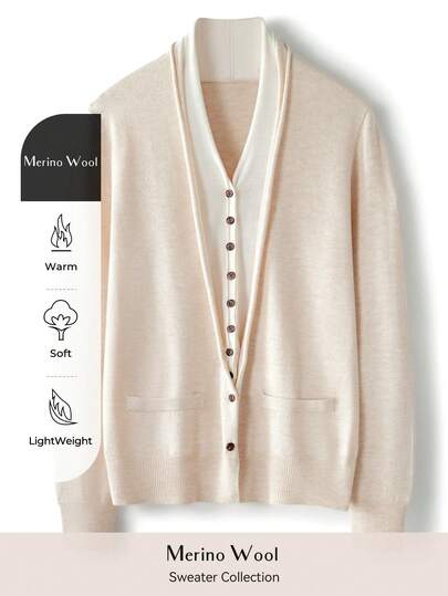 Women's V Neck Merino Wool Sweater Fall Winter Sweater Classic Vintage Cable Warm Long Sleeve Knit Sweater