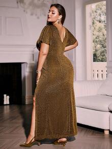 Simplee Damen Kleid in Große Größen mit Silberfaden, Schmetterlings-Ärmeln, figurbetonter Passform und Schlitz-Saum, Partykleid, Geburtstagskleid, glänzendes Kleid, Weihnachtskleid, Goldkleid