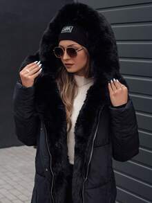 Long Women's Winter Jacket With Faux Fur, Warm Winter Outerwear, Elegant Hooded Parka With Polyester Filling, Stylish Everyday Look, Perfect For Special Occasions, Comfortable Cold Weather Wear - Black - View 2