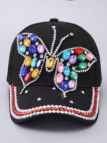 Nueva gorra de béisbol de mezclilla con mariposa de rhinestone, sombrero casual versátil para exteriores, protección UV