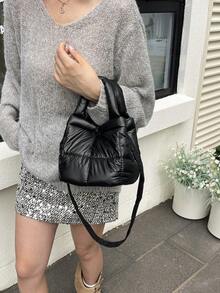 新款女士棉质小手提包，时尚简约隔层棉质羽绒包，手提桶包，百搭单肩斜挎包 - 彩色 - 查看 7