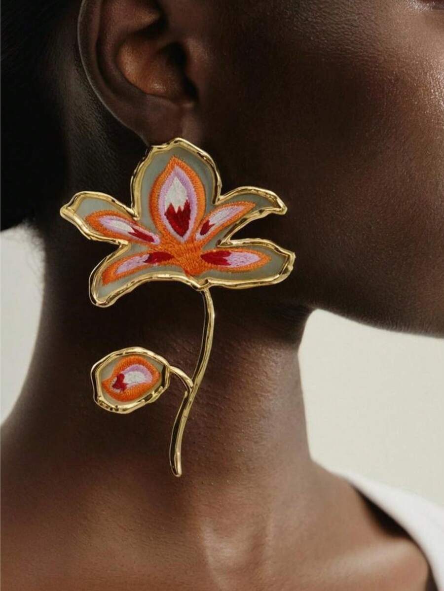 1 对超大橙色渐变花朵耳坠，时尚秋冬女士独特珠宝，简约花卉配饰 - 彩色 - 查看 1