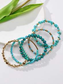 BOCAR 5pcs/Set Boho Copper Chained Bead & Faux Turquoise Bracelets, Suitable For Women Holiday & Daily Wear - Set - View 2