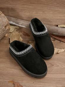 女士毛茸茸厚底拖鞋，秋冬新款仿保暖内衬一脚蹬坡跟蓬松雪地靴 - 黑色 - 查看 3
