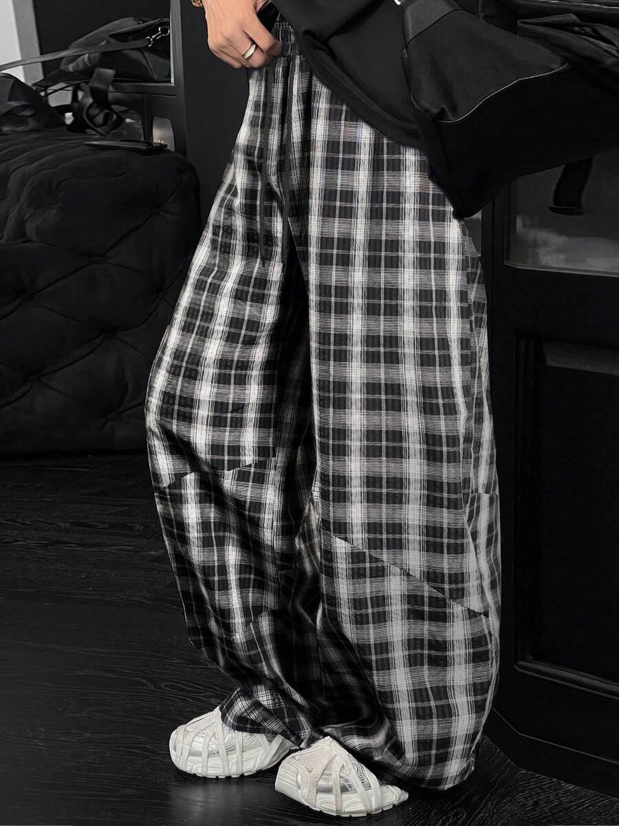 Men's Black & White Plaid Wide Leg Loose Casual Pants - Black and White - View 1