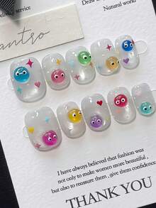 10片手工彩虹糖果造型短款猫眼美甲贴片，Y2K夏日度假风美甲用品，闪亮可爱仙女美甲贴纸，适合女性和女孩日常佩戴，时尚假指甲贴片，全覆盖美甲贴纸，手工按压式美甲 - 彩色 - 查看 2