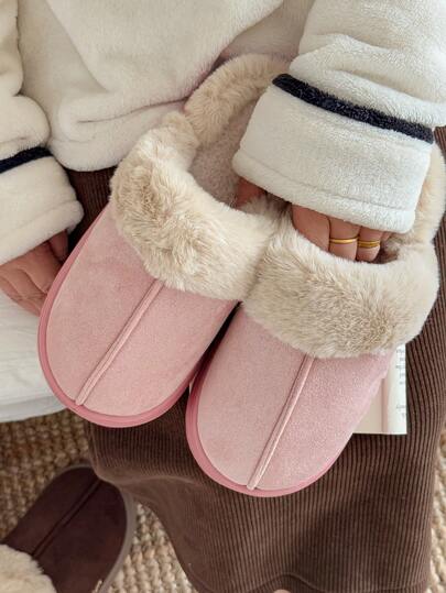 Damen einfarbige lässige Hausschuhe mit flauschigem Rand, bequeme Hauskleidung für Herbst/Winter