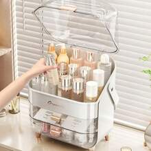 XL Large Make Up Organiser Cosmetic Vanity Case Box 2 Drawers Skincare Storage - Green + Brush Holder - View 5