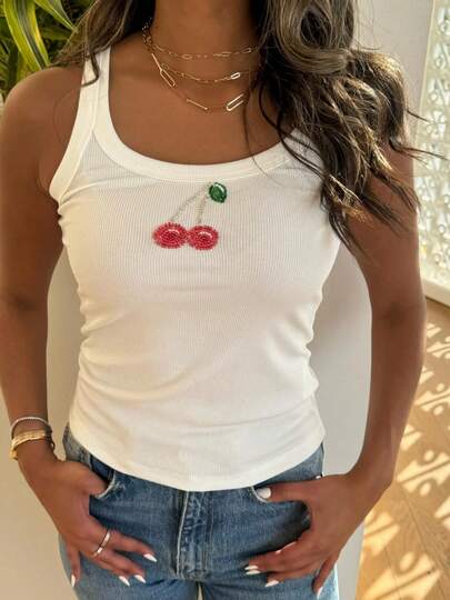 Women's Summer Embroidery Camisoles Sleeveless U Neck Slim Fit Cami Tank Tops For Beach