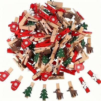 50-Pack Mini Wooden Christmas Clips - Wood Pegs With Holiday Designs For Photo Hanging, Wedding Decor, Party Favors, Christmas Tree, Gloves, Reindeer & Snowflakes - Versatile Holiday Ornaments For All Occasions, No Electricity Needed