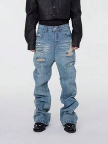 Men's Fashionable Y2K Distressed Washed Loose Straight Leg Jeans - Light Wash - View 3
