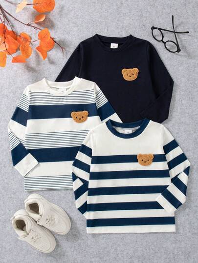 3pcs/Set Boys' Casual Everyday Wear Fashion Printed & Striped Pattern Round Neck Long Sleeve T-Shirts, Spring/Autumn