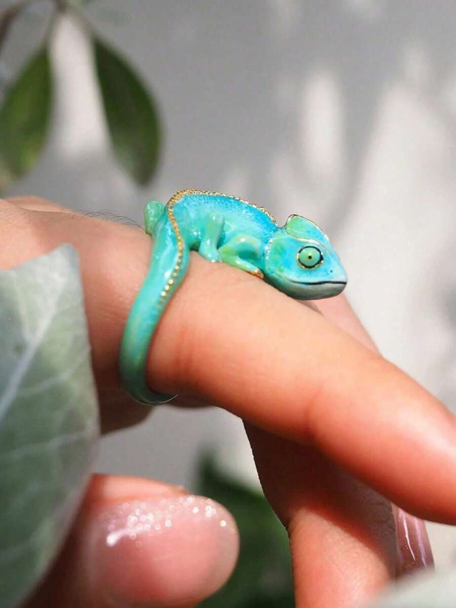 Anillo único y lindo de camaleón azul para mujer y niña, joyería de esmalte, anillo de animal de moda, joyería de fiesta, regalo creativo de cumpleaños y Navidad