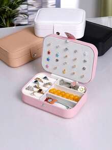 1 pezzo Scatola da viaggio per gioielli, piccola scatola di stoccaggio in pelle sintetica, scatola per gioielli con bottone, scatola collezione gioielli, scatola porta anelli, adatta per donne e ragazze, portatile a doppio strato, utilizzata per conservare orecchini, anelli, collane