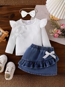 2 件女婴 3D 蝴蝶结装饰白色长袖上衣和牛仔裙，3D 蝴蝶结松紧腰带，含蝴蝶结头带套装 - 白色 - 查看 3