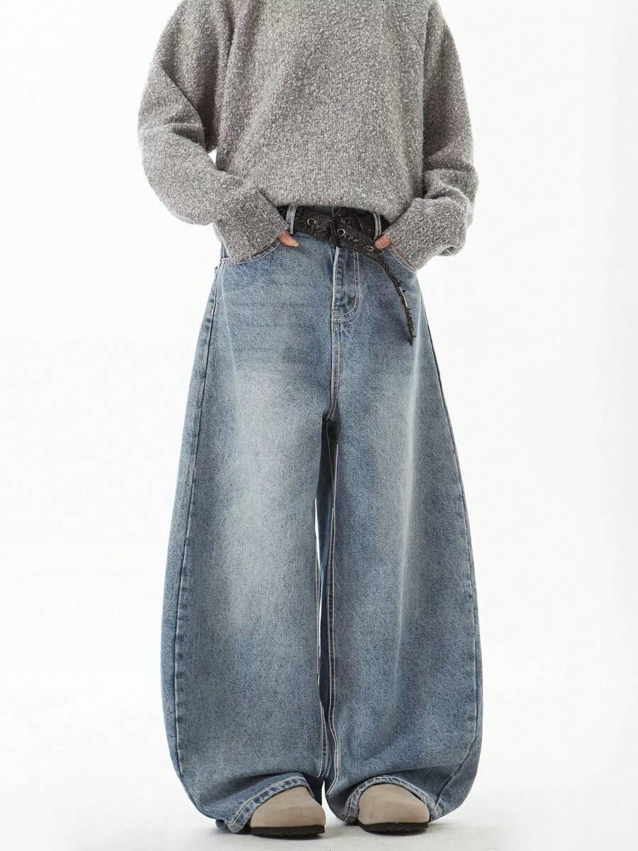1条装休闲宽松情侣阔腿牛仔裤，百搭街头风格 - 淺藍色 - 查看 1