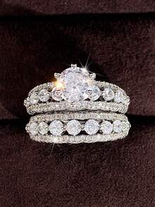 2 PC/Set Luxury Cubic Zirconia Ring For Women For Valentine's Day Gift Wedding Anniversary Party Jewelry