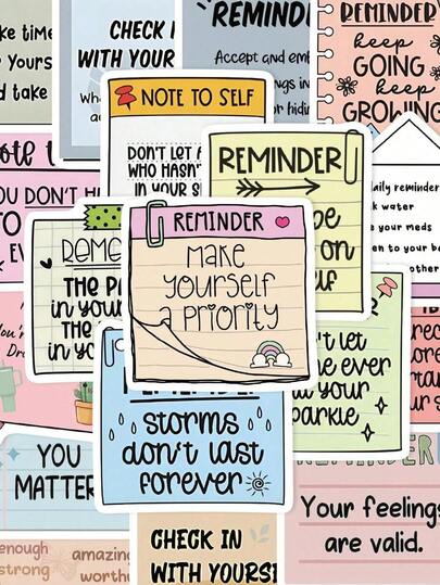 50pcs English Text Reminder Stickers Waterproof For Phone Case, Luggage, Laptop Decor Back To School