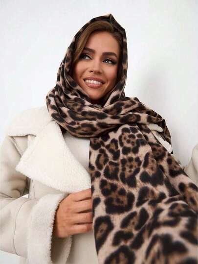 1pc Women Leopard Print Cashmere Scarf, New Autumn/Winter Tassel Warm Scarf, Comfortable Large Shawl, Outdoor Windproof Warm, Simple Versatile Daily Wear For Dress
