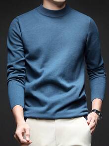 Áo len dệt kim nhẹ, cổ đứng, tay dài, màu trơn, tối giản, thường ngày, dành cho nam, mùa thu/đông - Màu xanh lam - Xem 2