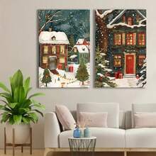 1/2 Pieces Frame Canvas Painting, Christmas Tree, Christmas Eve Courtyard, House Decoration Bedroom Living Room, Suitable For Decorating Cafes, Offices, Bathrooms, Restaurants, Dormitories For Christmas And Valentine's Day