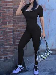 Mono deportivo de manga corta con cuello cuadrado para mujer de unicolor, de corte ceñido de moda - Negro - Ver 7