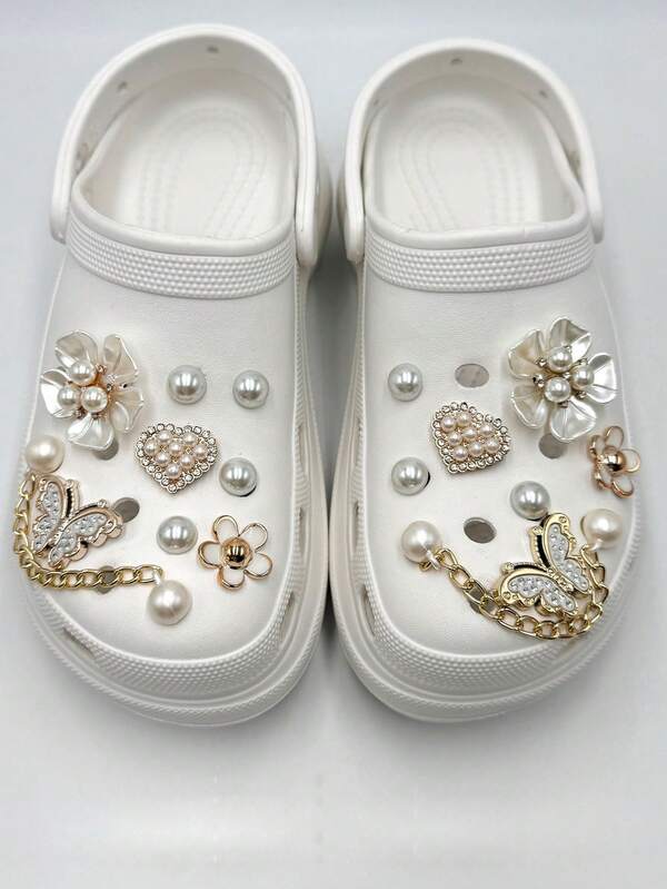 17pcs Butterfly, Heart, Pearl, Flower, Chain DIY Shoe Decoration Set, Suitable For Clogs, Beach Sandals, Flip Flops