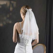 1pc Elegant Bridal Wedding Headpiece With 3D Floral Veil And Hair Comb, Romantic Short Double-Layer Veil, Valentine's Day Hair Accessory - 彩色 - 查看 11