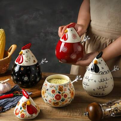 ชุดโถเก็บเซรามิกรูปไก่สไตล์สวนญี่ปุ่น, กระป๋องเคลือบสีด้วยมือสไตล์วินเทจน่ารักพร้อมฝาปิดและช้อน, เหมาะสำหรับเก็บเมล็ดกาแฟ, ซีเรียล, เครื่องเทศ, ขนมขบเคี้ยว, ผลไม้แห้ง, ส่วนผสมในการอบ, เหมาะสำหรับห้องครัว, ห้องนั่งเล่น, ของตกแต่งบนโต๊ะและของขวัญ