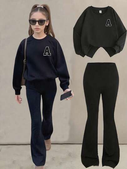 Teen Girls Clothing.Tween Girls Clothing, Black Round Neck Sweatshirt And Black Flared Pants Suit With Lettering Print Pattern.Soft And Machine-Washable, Casual And Fashionable, Suitable For Travel, Party And Campus Wear.Suitable For School, Vacation And Shopping Outfits