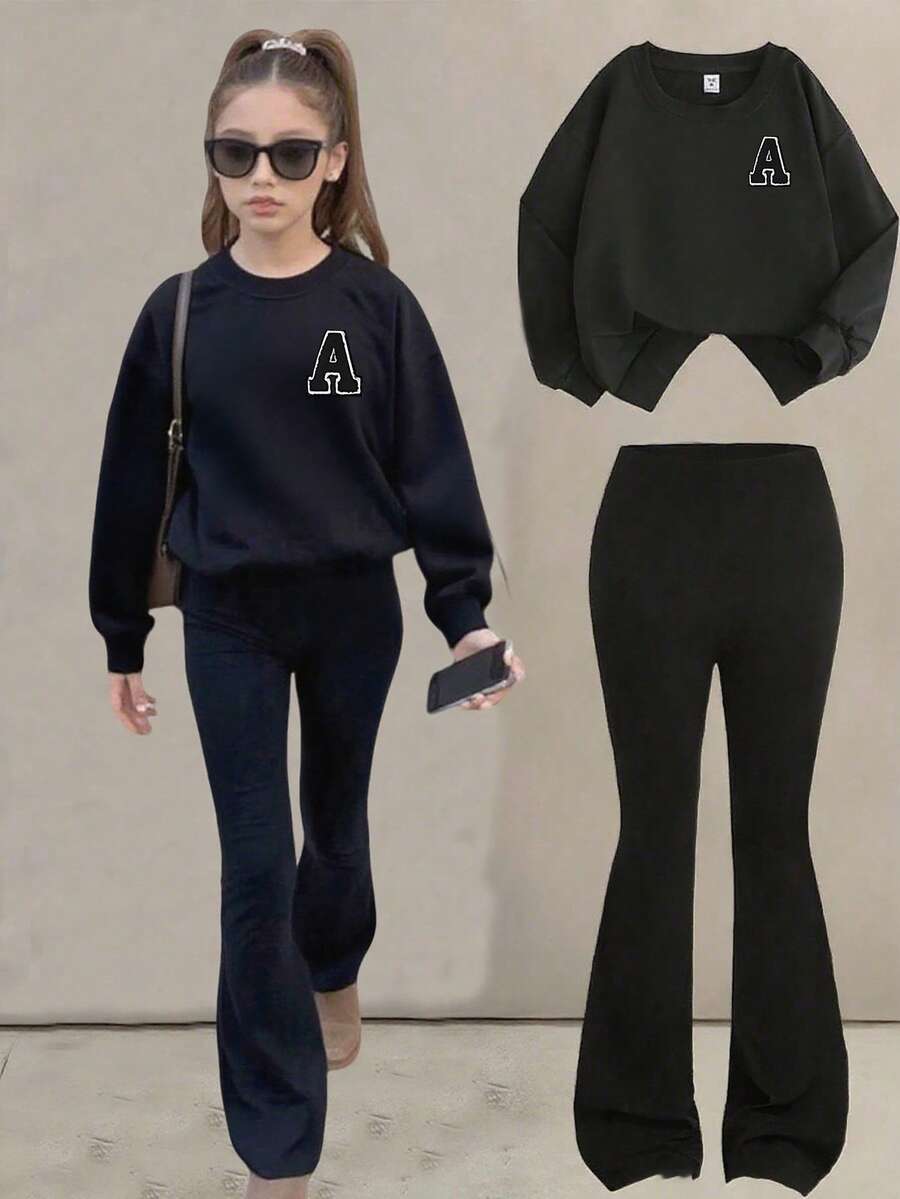 女童服飾,圓領運動衫 + 喇叭褲套裝,印有字母圖案,舒適柔軟,休閒時尚,適合度假與購物 - 彩色 - 查看 1