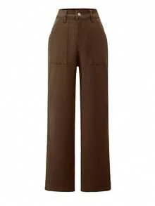 Celana Jeans Wanita Ukuran Besar Model Lurus dengan Kantong, Kasual Sehari-hari Serbaguna, Pinggang Sedang, Pinggang Elastis, Model Mom Jeans Musim Semi dan Gugur - Coffee Brown - View 4