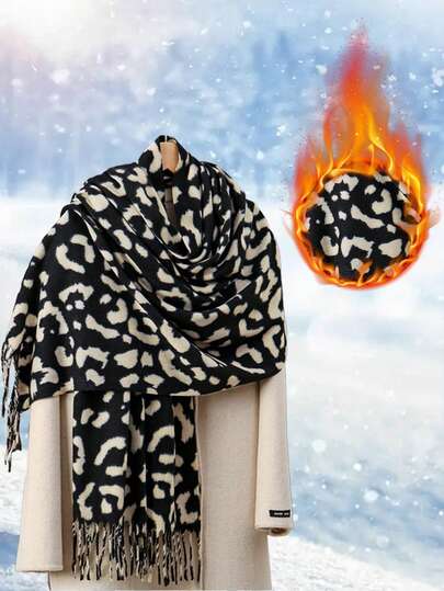 1 件女式豹纹羊绒围巾，新款秋冬流苏保暖围巾披肩，舒适防风，适合户外，简单百搭，适合日常穿着