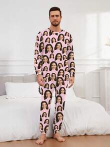 Printstory Customized Men/Women/Kids/Pets/Cartoon/Holiday Themed Interesting Long Sleeve Top & Pants Pajama Set, Loungewear, Winter - Pink - View 5