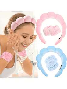 1 faixa de cabeça para lavagem facial/2 pulseiras para lavagem facial/3 conjuntos de faixas de cabeça para hidroterapia, faixas de cabeça para maquiagem, faixas de cabeça para lavagem facial, faixas de cabeça para cuidados com a pele, faixas de cabeça de esponja fofa de veludo rosa, laços, bolhas, faixas de cabeça para hidroterapia, pulseiras, conjunto de acessórios de cabelo femininos e femininos