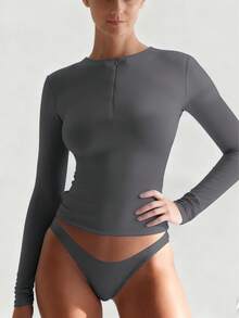 XLLAIS 女士秋冬时尚拉链领纯色紧身T恤，弹力休闲长袖运动上衣 - 深灰色 - 查看 5