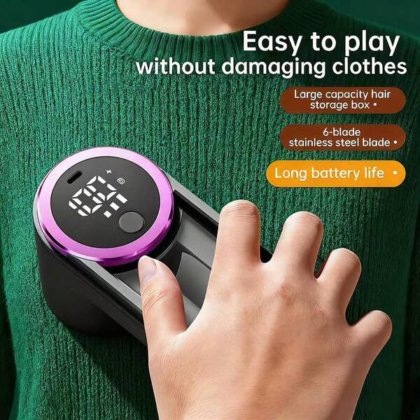 The Upgraded Sweater Trimmer For 2025 Features High Power, A Visible Wool Storage Compartment, A Digital Display Showing The Working Gear And Remaining Battery Life, A Type-C Fast Charging Port, And A Compact Size For Easy Carrying And Storage.