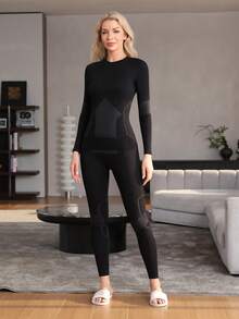 Ski Outfit Women Seamless Crew Necl Long Sleeves Tops Snow Suit Ski Thermal Jumpsuit Yoga Snowboarding Outfit Winter Clothes - Black - View 9