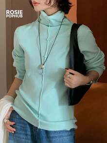 ROSIE POPHUB Women Blue Turtleneck Button Front Long Sleeve Knit Sweater Slim Elegant Commute Christmas Top For Fall Winter - Blue - View 3